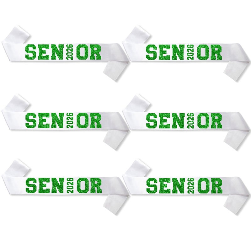 Partyprops 6Pcs White Senior 2026 Satin Sashes with Green Glitter Letters Senior 2026 Decorations - 2026 Graduation Celebrations Sashes - Senior Cheer Sash - Cheerleader Sash - Class Competition Sashes - Image 1